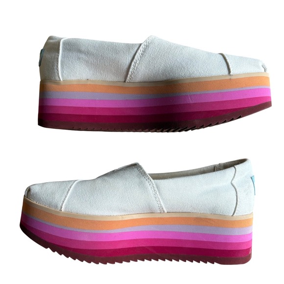 Toms Shoes - TOMS Alpargata Platform Espadrille Shoes White Canvas Rainbow Wedge Sole Size 5